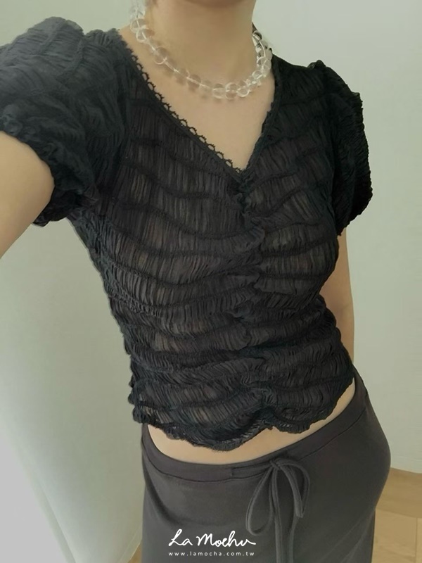 V領彭袖蕾絲上衣